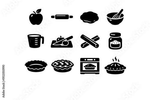 Baking an Apple Pie. Solid icon set of Baking an Apple Pie: apple, rolling pin, pie dough, mixing bowl, measuring cup, knife slicing apple, cinnamon stick,