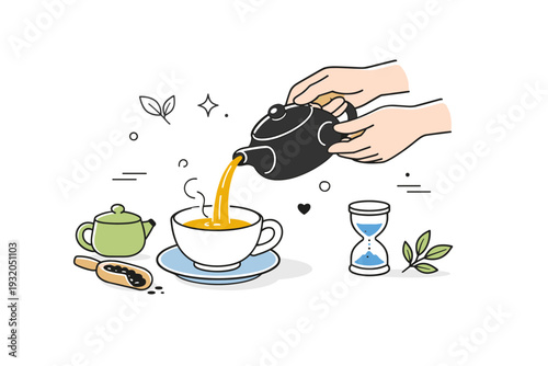 Tea brewing ritual. A tidy editorial scene showing hands gently pouring tea into a cup, conveying mindfulness and slow preparation. Calm movement, clean