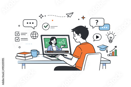 E-learning platforms. A student sitting at a desk studies from a laptop, video lesson window open with a friendly teacher on screen. Calm focused atmosphere,