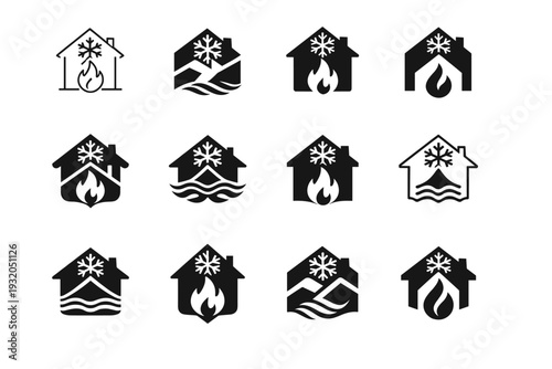 Winterizing your home for cold weather. Icon set. Set Logo of Winterizing your home for cold weather: heating system symbol. harmonious logo variations of the