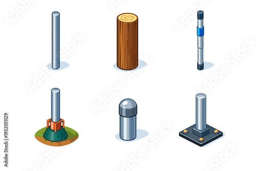 Pole. Isometric flat vector icons set of Pole: vertical metal pole, wooden pole segment, telescopic pole, anchored ground pole, capped pole top, base-mounted