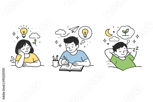 Idea incubation icons. Friendly icons of people quietly thinking, sketching, or resting while ideas form above them. Calm creative atmosphere with soft