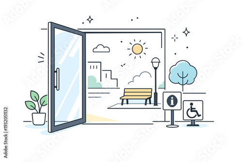 Open doors in public. Glass entrance door left open on a calm street, light flowing inside. Quiet accessibility, everyday openness, gentle urban rhythm.