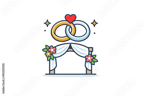 Wedding vow tradition highlighted by two interlocking rings above a simple ceremonial arch with subtle floral accents, symbolizing unity and lifelong