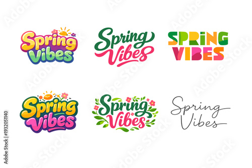 Spring Vibes. Set lettering. harmonious lettering variations of the same emblematic concept, each with different artistic interpretation (Rounded bubble