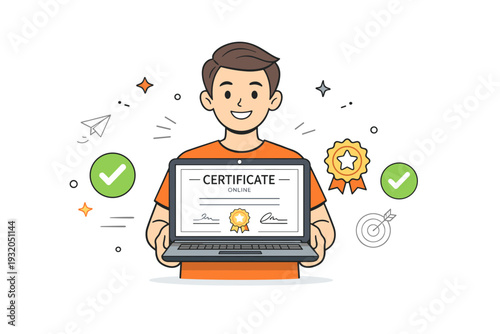 Online certification and achievements. A student proudly holds a digital certificate displayed on a laptop screen, checkmarks and badge icons nearby. Calm