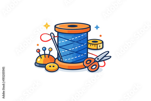 Sewing and textile tools shown as a spool of thread with subtle stitch lines, symbolizing continuity, detail oriented work, and textile