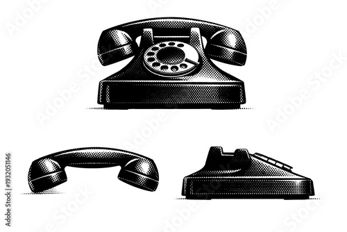 Rotary Phone ? side profile view. A rotary phone highlighting side profile, handset elevation, and base thickness, illustrated as one phone shown from three