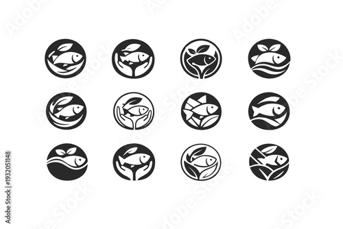 Sustainable fishing practices. Icon set. Set Logo of Sustainable fishing practices: protected fish in circle. harmonious logo variations of the same emblematic