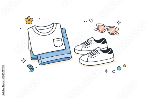 Casual spring fashion flat lay. A top-down scene with folded clothes, sneakers, and sunglasses placed with plenty of empty space. Relaxed lifestyle mood, light
