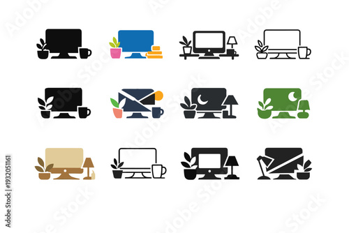 Aesthetic desktop setups. Icon set. Set Logo of aesthetic desktop setups: computer monitor with decor. harmonious logo variations of the same emblematic