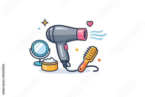 Hair styling tools focused on a single hair dryer with soft airflow lines, expressing everyday beauty routines, convenience, and personal care confidence.