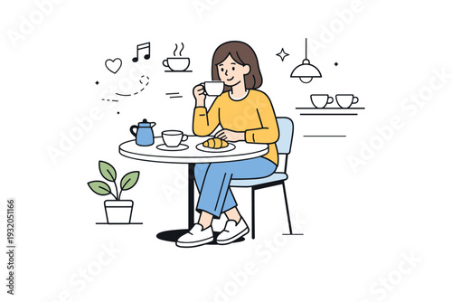 Coffee shop coziness. A minimalist editorial scene with a person enjoying coffee at a small cafe table, conveying warmth and social comfort. Calm interaction,