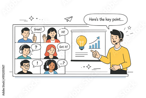 Virtual classroom session. Several students appear in small video windows on a large screen, one person presenting slides and explaining a topic. Friendly