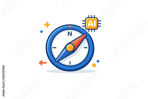 AI assisted decision making expressed through a compass icon guided by a small AI symbol, symbolizing direction, guidance and smarter navigation through