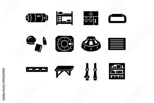 Astronaut Living Space. Solid icon set of Astronaut Living Space: space station module, crew quarters, storage compartment, handrail grip, floating objects,