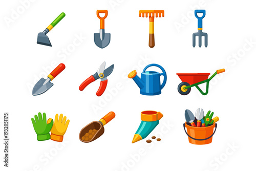 GardenTools. Colorful flat vector icons set of GardenTools: hoe, shovel, rake, garden fork, hand trowel, pruning shears, watering can, wheelbarrow, gloves,
