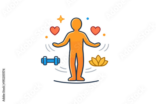 Fitness and wellbeing expressed through a balanced human figure standing calmly with subtle motion lines and heart accents, representing harmony between
