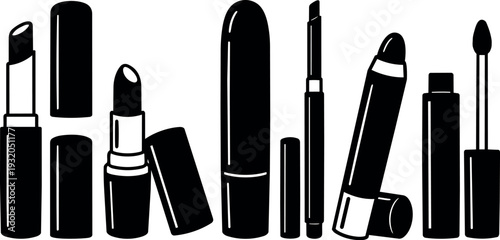 Minimalist black and white vector flat design cosmetics set row of lipsticks gloss pencils and applicators close up studio silhouette