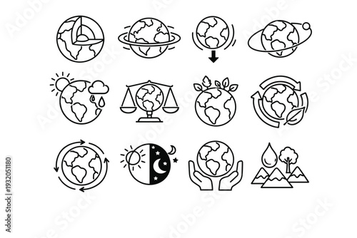 Planet Earth Concepts. Line icon set of Planet Earth Concepts: earth layers, atmosphere ring, gravity symbol, orbit path, climate system, global balance,