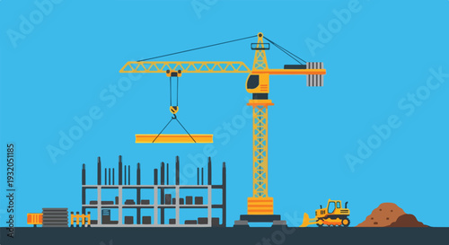A busy construction site depicts a large yellow crane placing a beam on a building structure, alongside workers, a bulldozer, and earth mounds.