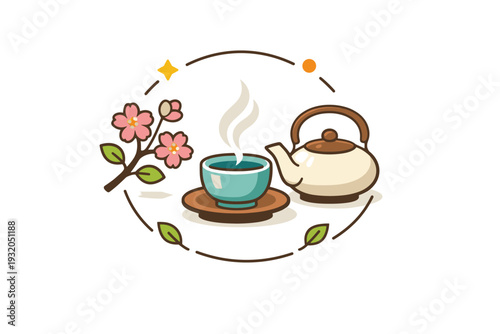 Tea ceremony ritual centered around a serene teacup with rising steam, a delicate teapot and a small sakura branch arranged in a harmonious circle that conveys