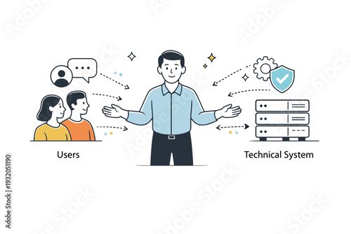 Trust and accountability. A person standing between users and a technical system, gently guiding information flow. Clean editorial scene expressing