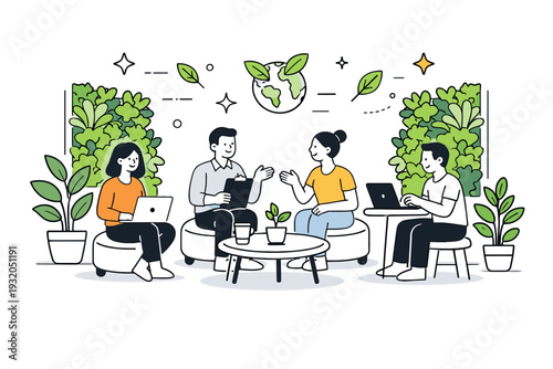 sustainable meeting space. A casual meeting area surrounded by vertical green walls and potted plants, abstract floating stars and leaves showing eco-conscious