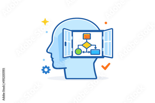 Transparent AI shown as a human head silhouette with an open window revealing simple algorithm symbols inside. The illustration represents understanding,