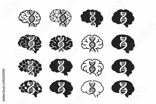 Innovations in biotechnology for healthcare. Icon set. Set Logo of innovations in biotechnology for healthcare: AI brain with DNA strands. harmonious logo