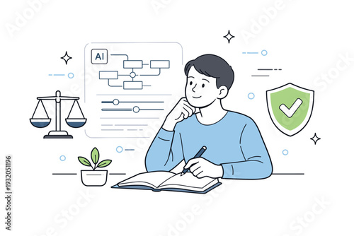Ethical AI design. A calm designer reviewing a transparent AI interface with balance and shield icons nearby. The scene communicates responsibility, trust, and
