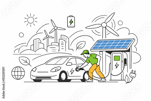 Sustainable Electric Transport. A person charging an electric car at a compact solar station, wind turbines spinning gently in the background, green energy