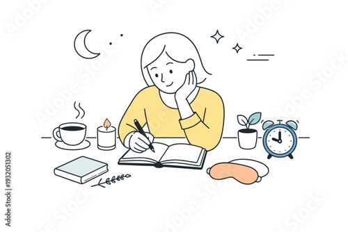 Evening self-care routine. A soft editorial scene with a person winding down in the evening, journaling or preparing for rest, expressing calm closure of the