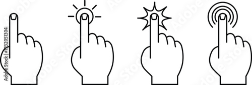 Four black outline hand showing finger pointing and touching actions