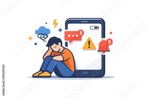 Digital burnout expressed through a tired human figure sitting beside an oversized smartphone, conveying mental fatigue, constant notifications, and emotional
