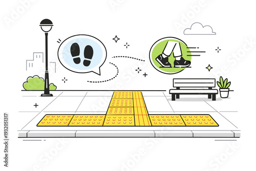 Urban sidewalk with tactile paving. A clean city walkway with yellow or textured tactile tiles leading across the pavement, abstract floating icons