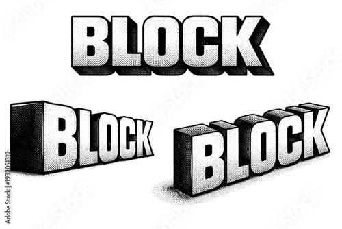 Bold sans-serif word block depicted as one solid typographic word object shown in three views: front view, side view, and three-quarter view emphasizing letter