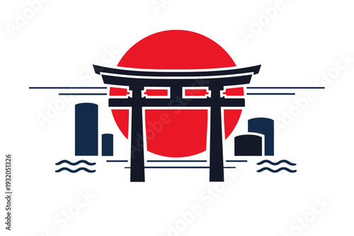 Black-and-white Japanese torii gate simplified as a graphic cut-out with white outline, intersected by bold red sun circle and thin horizontal lines in dark