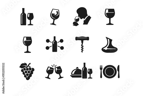 Wine Pairing. Solid icon set of wine pairing: wine bottle and glass, wine tasting swirl, sommelier aroma test, red wine glass, white wine glass, wine pairing