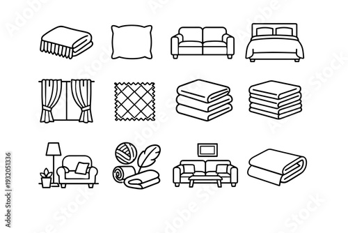 Home Textiles. Line icon set of Home Textiles: throw blanket, cushion pillow, fabric sofa, bed cover, curtain panel, textile texture, folded linens, home