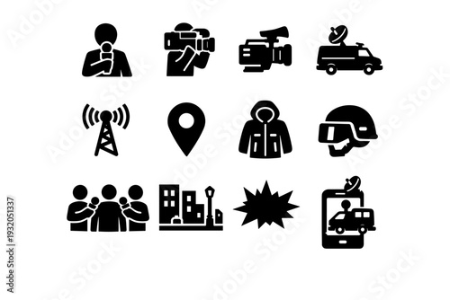Field Reporting. Solid icon set of Field Reporting: reporter with microphone, cameraman, shoulder camera, satellite van, live broadcast signal, location pin,