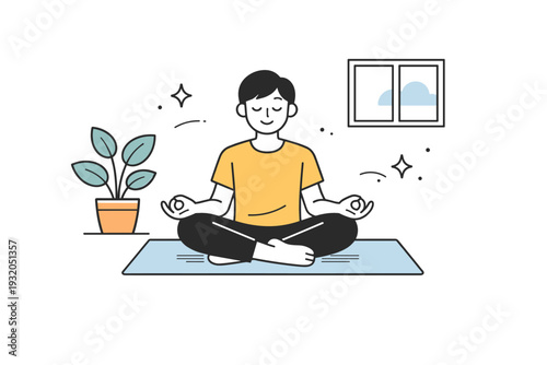 Meditation at home. A person meditating on a mat with minimal interior elements like a plant and window. The scene reflects a peaceful daily routine and