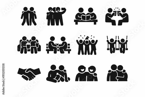 Everyday friendship. Solid icon set of Everyday friendship: walking friends, group selfie, study buddies, shared drink, movie night, talking on