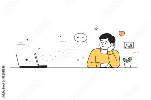 Emotional distance in remote work. A person looking away from a laptop as connection lines gently fade. The scene reflects longing for interaction and human