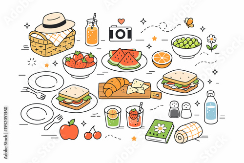 Spring picnic objects flat lay. A clean top-down composition of a picnic blanket with fruits, sandwiches, drinks, and simple tableware arranged neatly. The