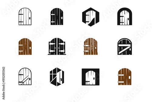 Old Wooden Door. Icon set. Set Logo of old wooden door: rustic wooden door with planks. harmonious logo variations of the same emblematic concept, each with