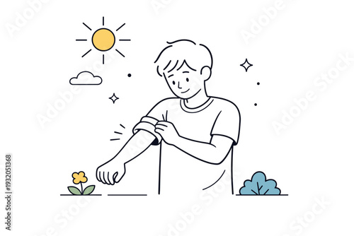 People testing warmth outdoors. A figure rolls up sleeves while standing outside, sunlight indicated with simple rays. Quiet check of temperature and comfort.