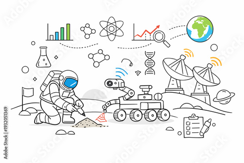 Space Exploration for Research. Astronaut collecting soil samples on a distant planet, compact research rover scanning the surface, satellite dishes