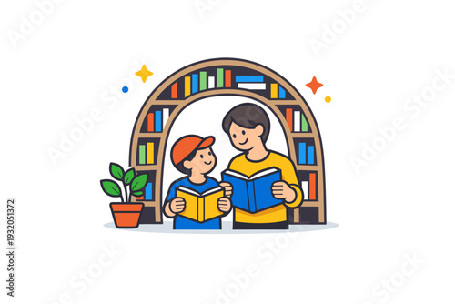 Weekend library visit featuring a compact bookshelf arch framing a parent and child holding books, with a small plant and subtle decorative stars enhancing the