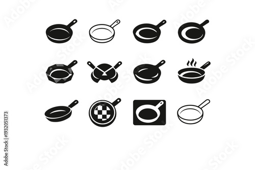 Frying Pan. Icon set. Set Logo of Frying Pan: cast iron skillet. harmonious logo variations of the same emblematic concept, each with different artistic